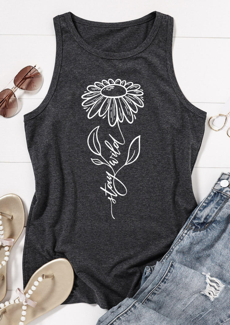 

Tank Tops Stay Wild Sunflower O-Neck Tank Top - Dark Grey in Gray. Size