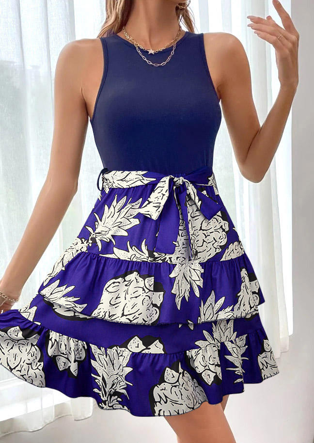 Pineapple Ruffled Sleeveless Layered Mini Dress With Belt