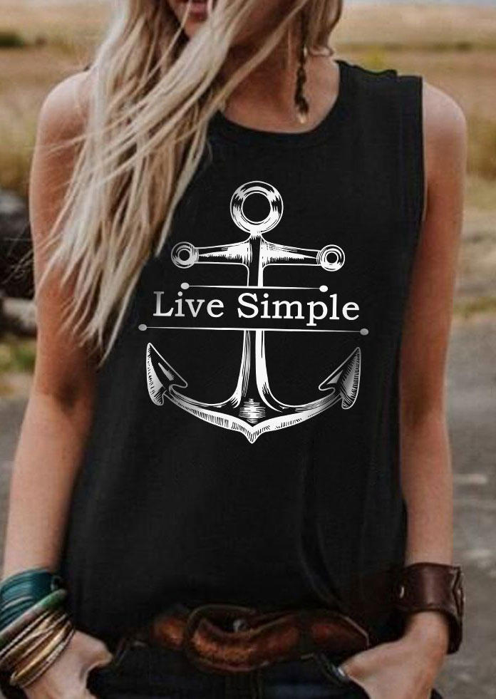 

Tank Tops Live Simple Anchor O-Neck Tank Top in Black. Size