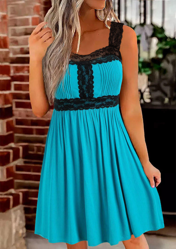 Lace Splicing Ruffled Sleeveless Mini Dress - Blue