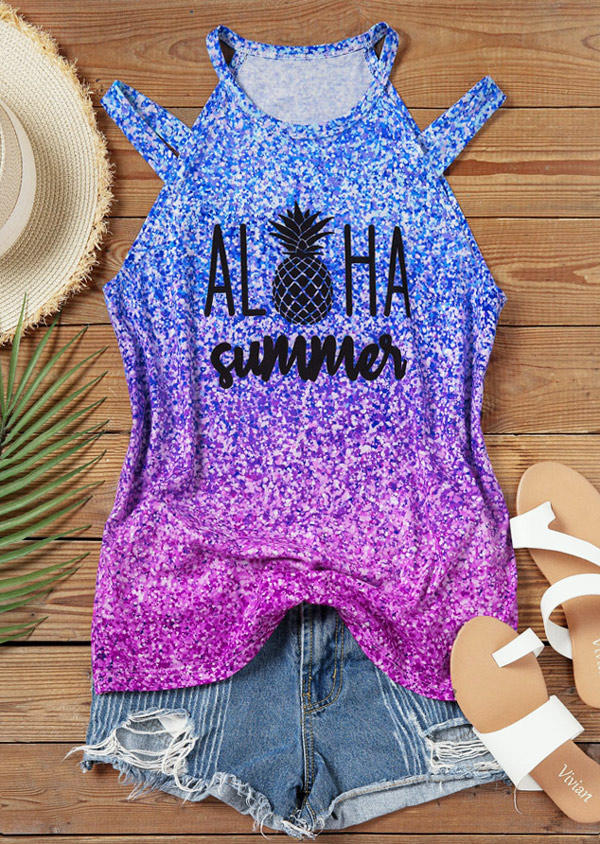 

Tank Tops Aloha Summer Pineapple Gradient Glitter Tank Top in Multicolor. Size: M,,XL