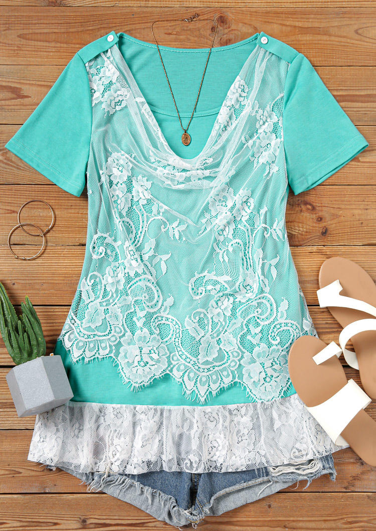 

Blouses Lace Splicing Short Sleeve Fake Two-Piece Blouse in Multicolor. Size: L,M