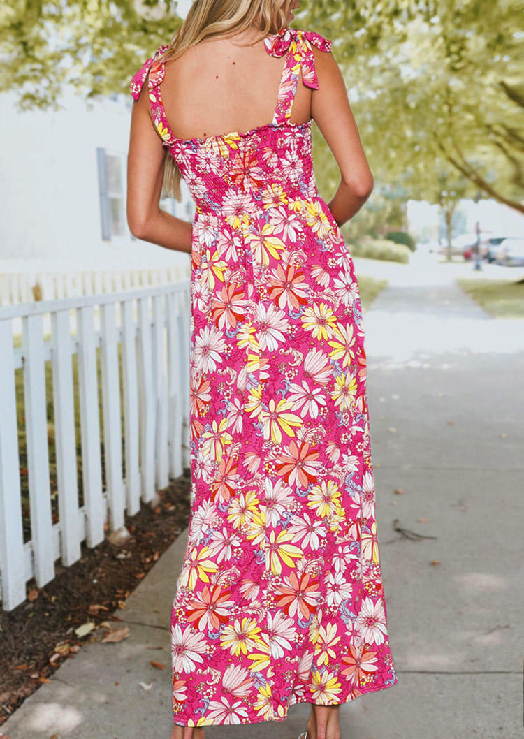 Floral Smocked Spaghetti Strap Maxi Dress - Rose Red