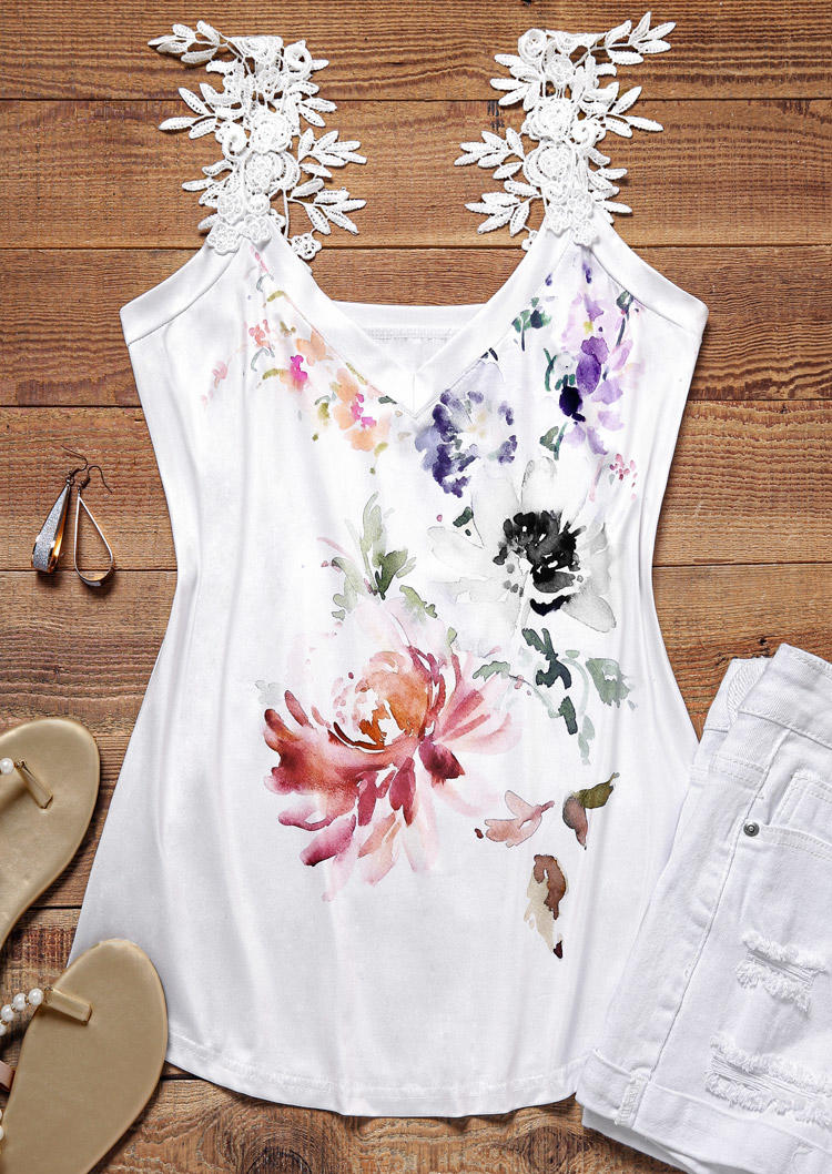 

Tank Tops Floral Lace Splicing V-Neck Tank Top in Multicolor. Size