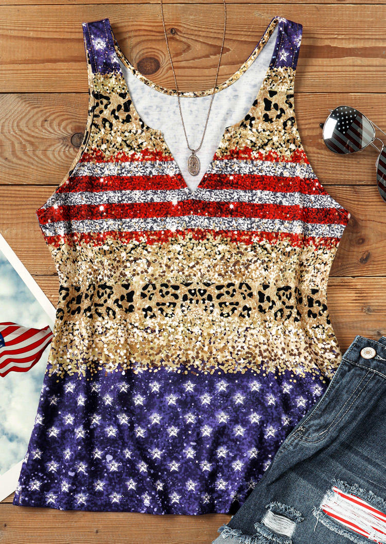 

Tank Tops Leopard Star Striped Glitter Notched Neck Tank Top in Multicolor. Size: L,,XL