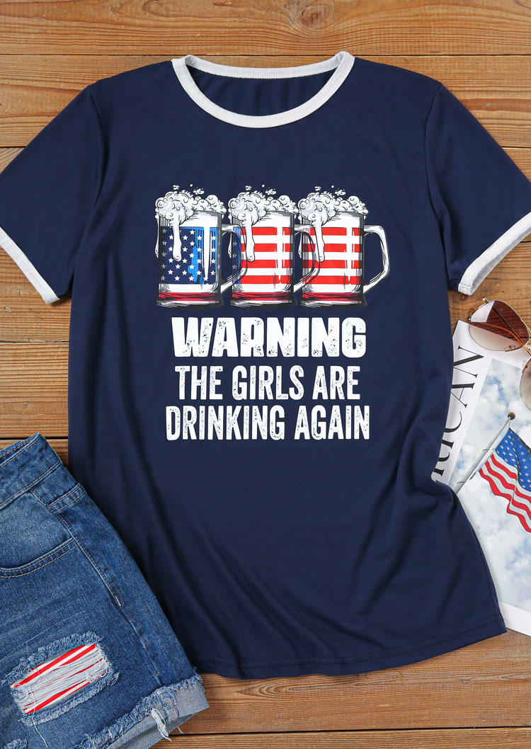 

T-shirts Tees Warning The Girls Are Drinking Again American Flag T-Shirt Tee -Blue in Blue. Size: L,M,,XL