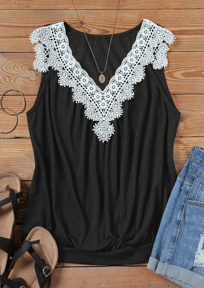 

Tank Tops Lace Splicing V-Neck Tank Top in Black. Size: L,M