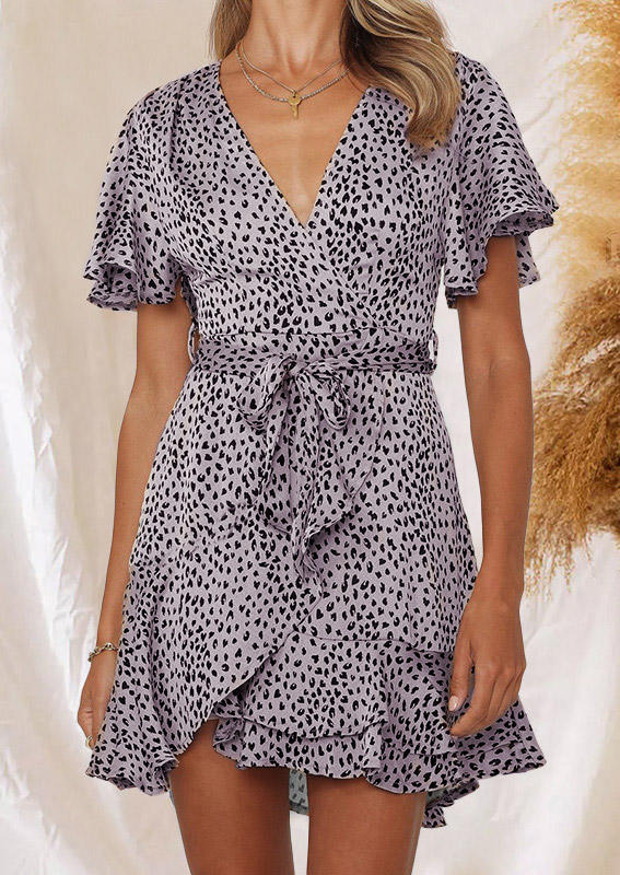 Leopard Ruffled V-Neck Mini Dress with Belt