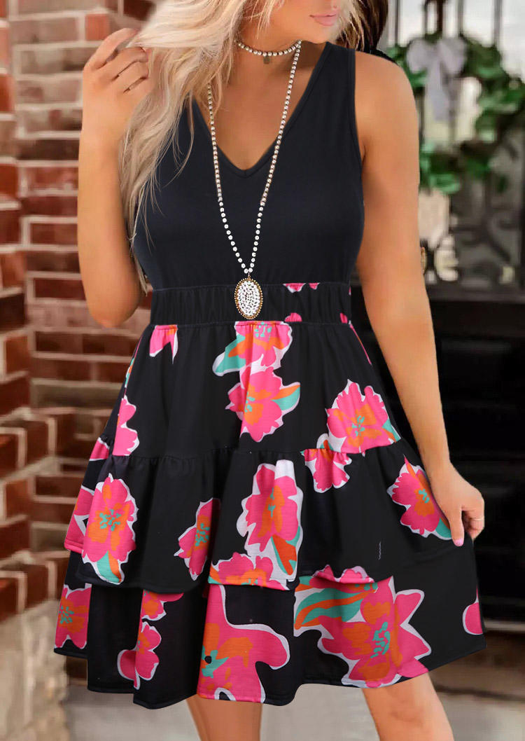 Floral Sleeveless V-Neck Layered Mini Dress