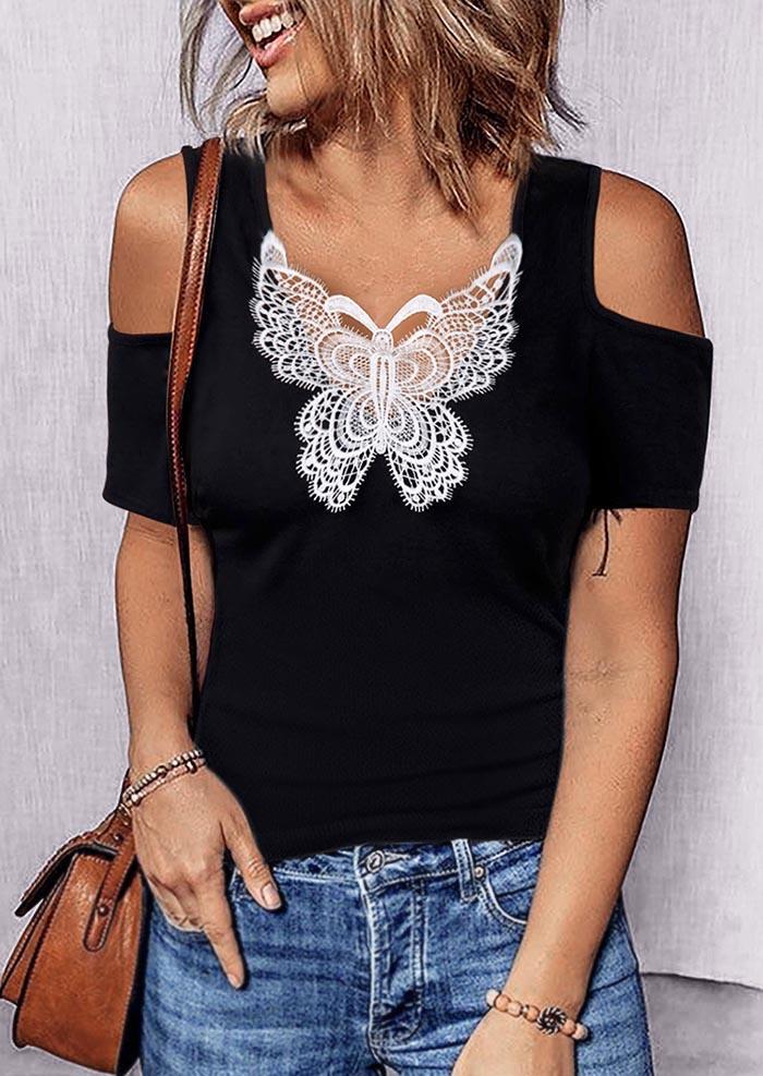 

Blouses Butterfly Lace Splicing Cold Shoulder Blouse in Black. Size: ,XL