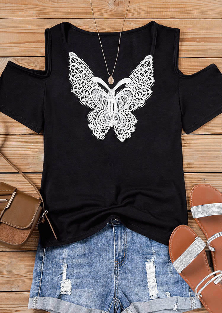 Butterfly Lace Splicing Cold Shoulder Blouse - Black