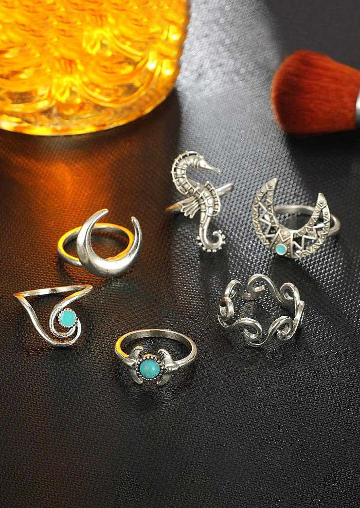 

Rings 6Pcs Moon Turquoise Alloy Open Ring Set in Silver. Size