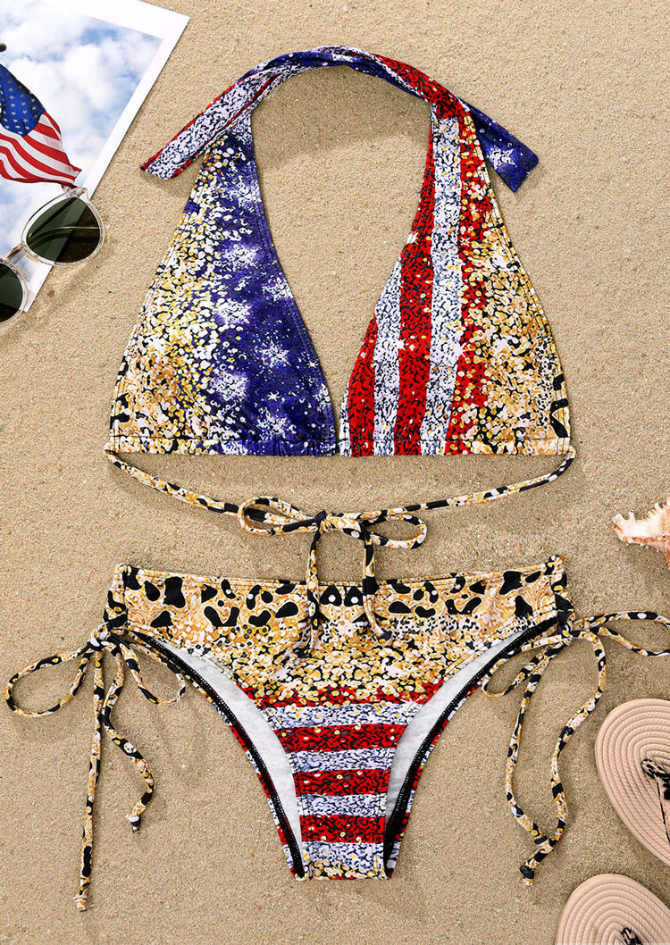 

Bikini Sets American Flag Leopard Glitter Drawstring Bikini Set in Multicolor. Size