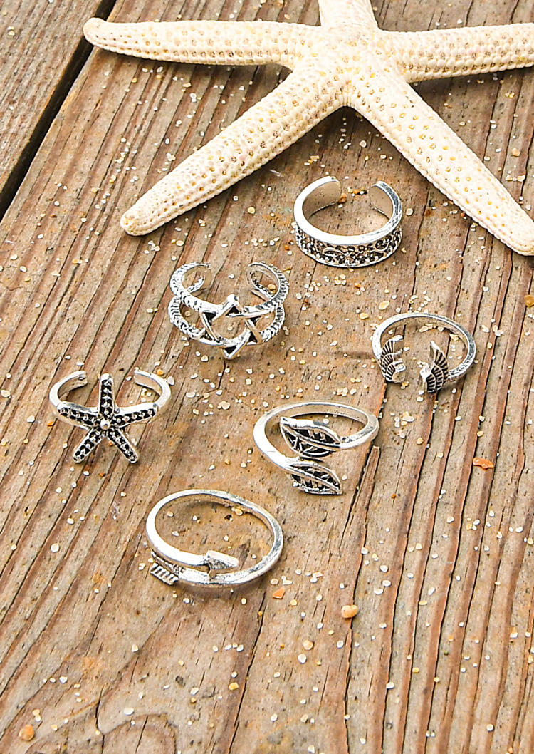 

Body Jewelry 6Pcs Starfish Leaf Alloy Open Toe Ring Set in Silver. Size