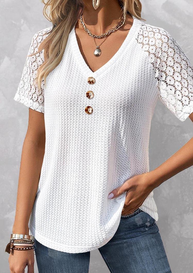 

Blouses Lace Splicing Button Waffle V-Neck Blouse in White. Size: L,,XL