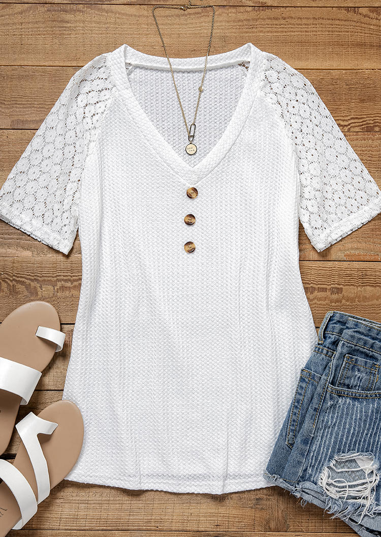 Lace Splicing Button Waffle V-Neck Blouse - White