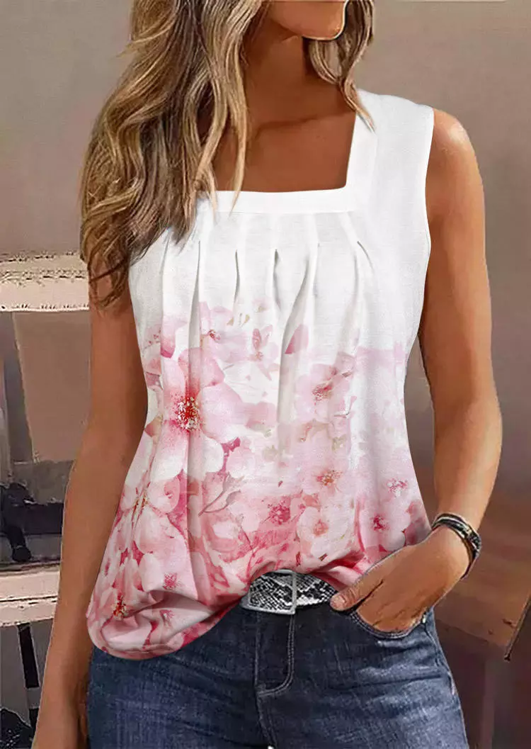 Cherry Blossoms Ruffled Square Collar Tank - Fairyseason