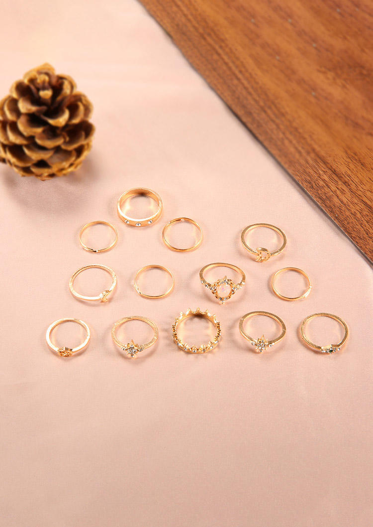 

Rings 13Pcs Star Moon Crown Opal Alloy Ring Set in Gold. Size