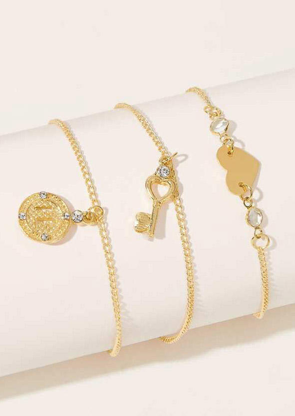 

Body Jewelry 3Pcs Heart Button Key Multi-Layered Anklet in Gold. Size