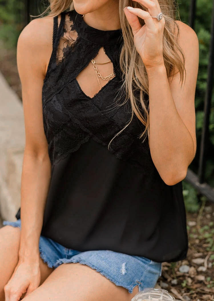

Tank Tops Lace Splicing Hollow Out Button Tank Top in Black. Size: L,M,,XL