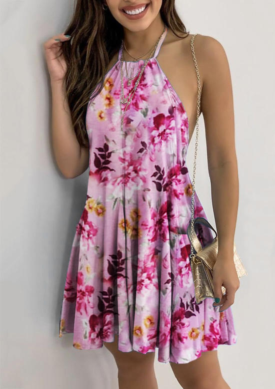Floral Ruffled Halter Open Back Mini Dress