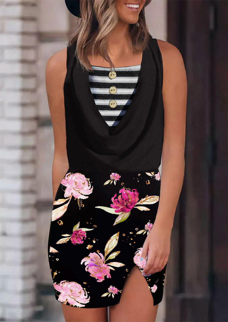 Floral Striped Button Slit Bodycon Dress - Black