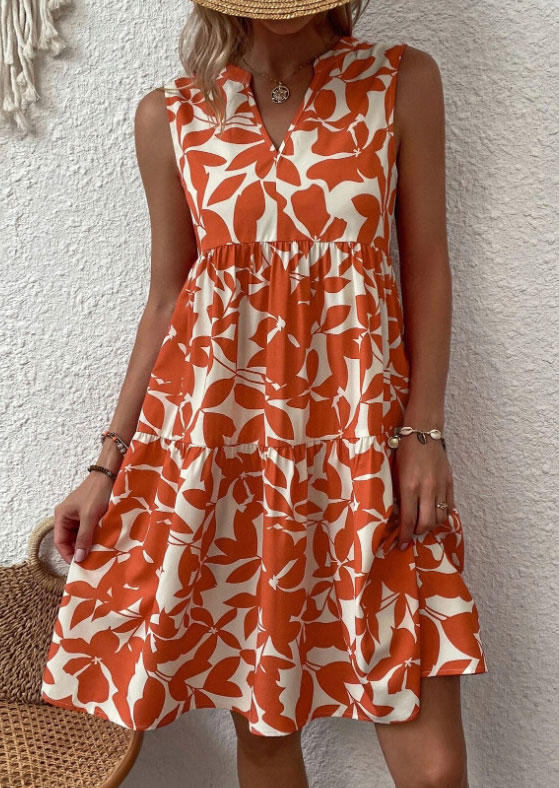 Leaf Ruffled Sleeveless Mini Dress - Orange