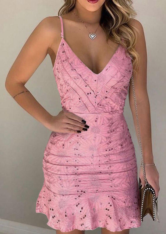 Hollow Out Ruffled Spaghetti Strap V-Neck Mini Dress - Pink