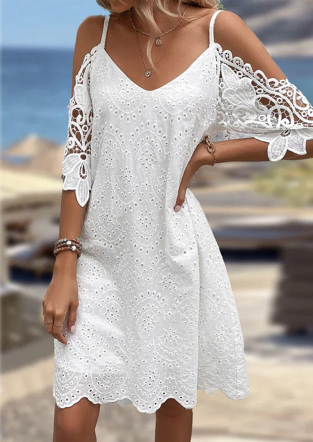 Lace Splicing Cold Shoulder Mini Dress - White