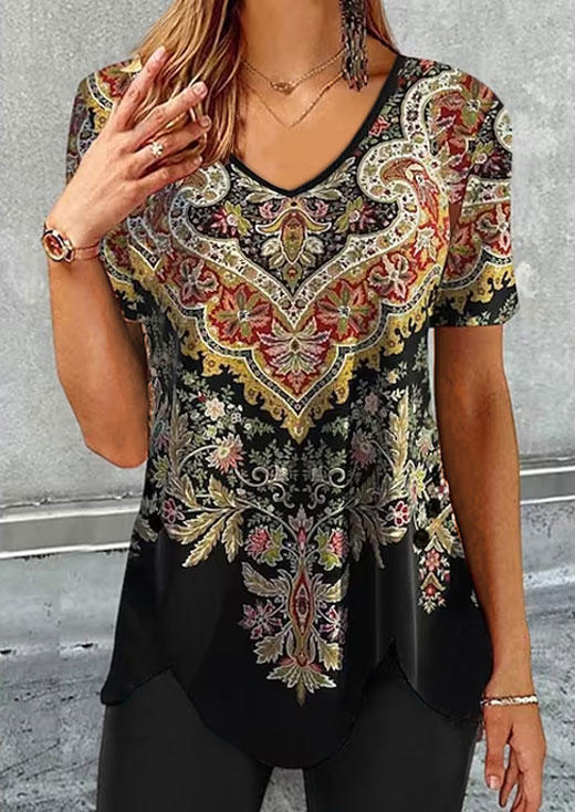 

Blouses Ethnic Floral Short Sleeve V-Neck Blouse in Black. Size: L,M,,XL
