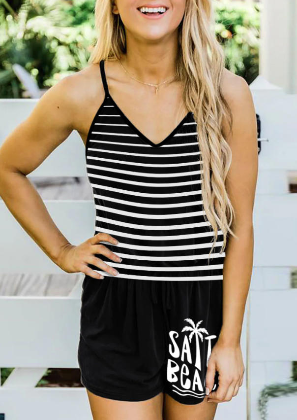 

Jumpsuits & Rompers Salty Beach Striped Coconut Tree Romper in Black. Size: L,M