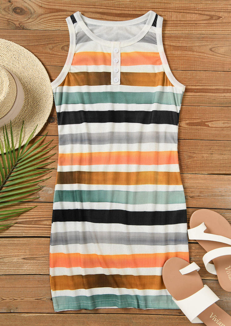 

Bodycon Dresses Striped Button Sleeveless O-Neck Bodycon Dress in Multicolor. Size: ,XL