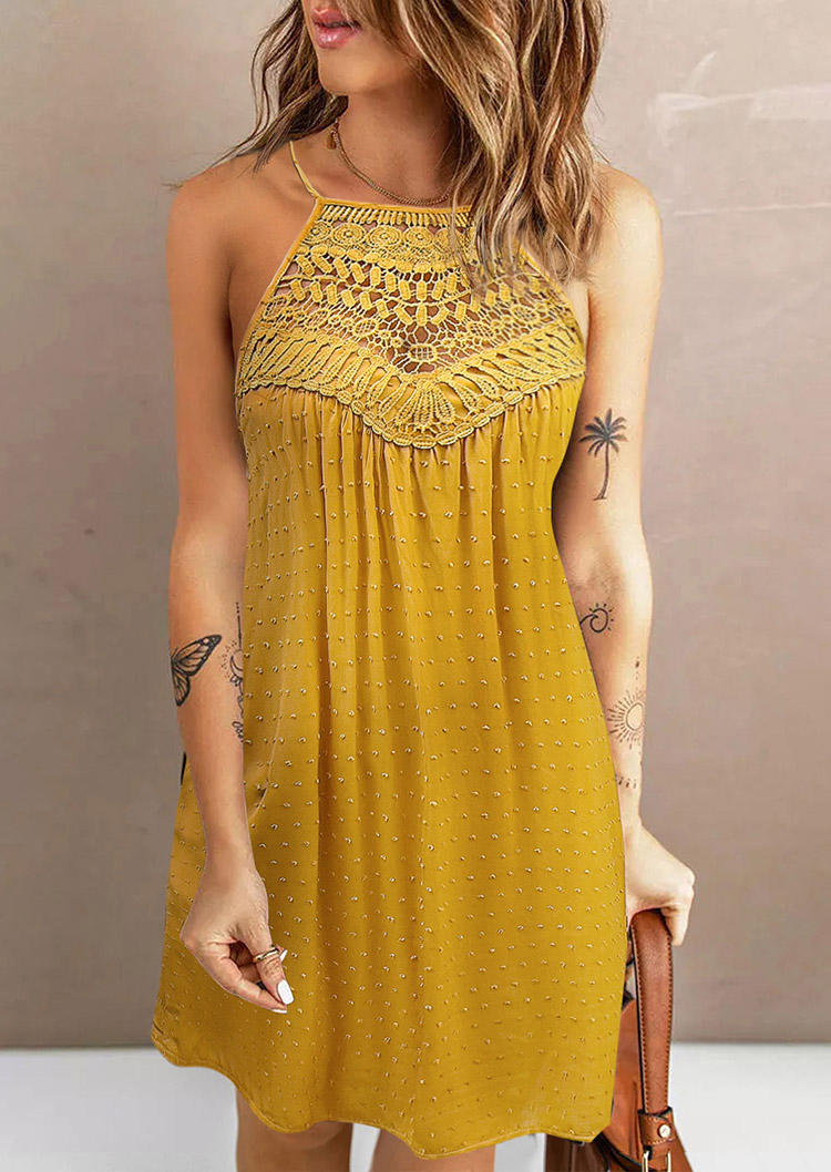 Dotted Swiss Lace Hollow Out Mini Dress - Yellow