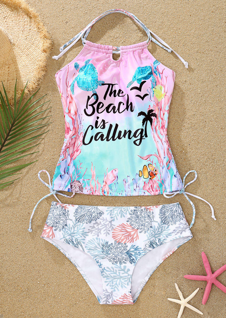 

Tankinis The Beach Is Calling Turtle Drawstring Halter Tankini Set in Multicolor. Size: L,M,,XL