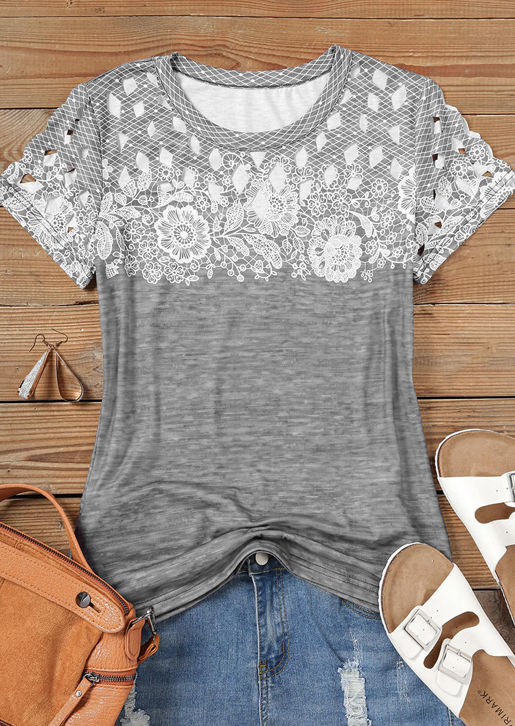Floral Hollow Out O-Neck Blouse - Gray