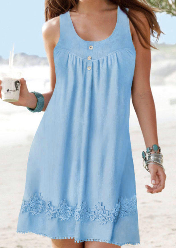 Lace Splicing Ruffled Button Mini Dress - Blue