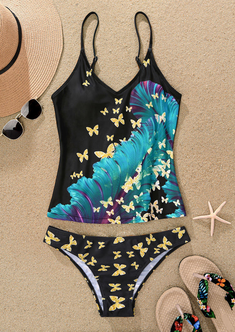 

Tankinis Feather Butterfly Spaghetti Strap Tankini Set in Black. Size: L,M,,XL