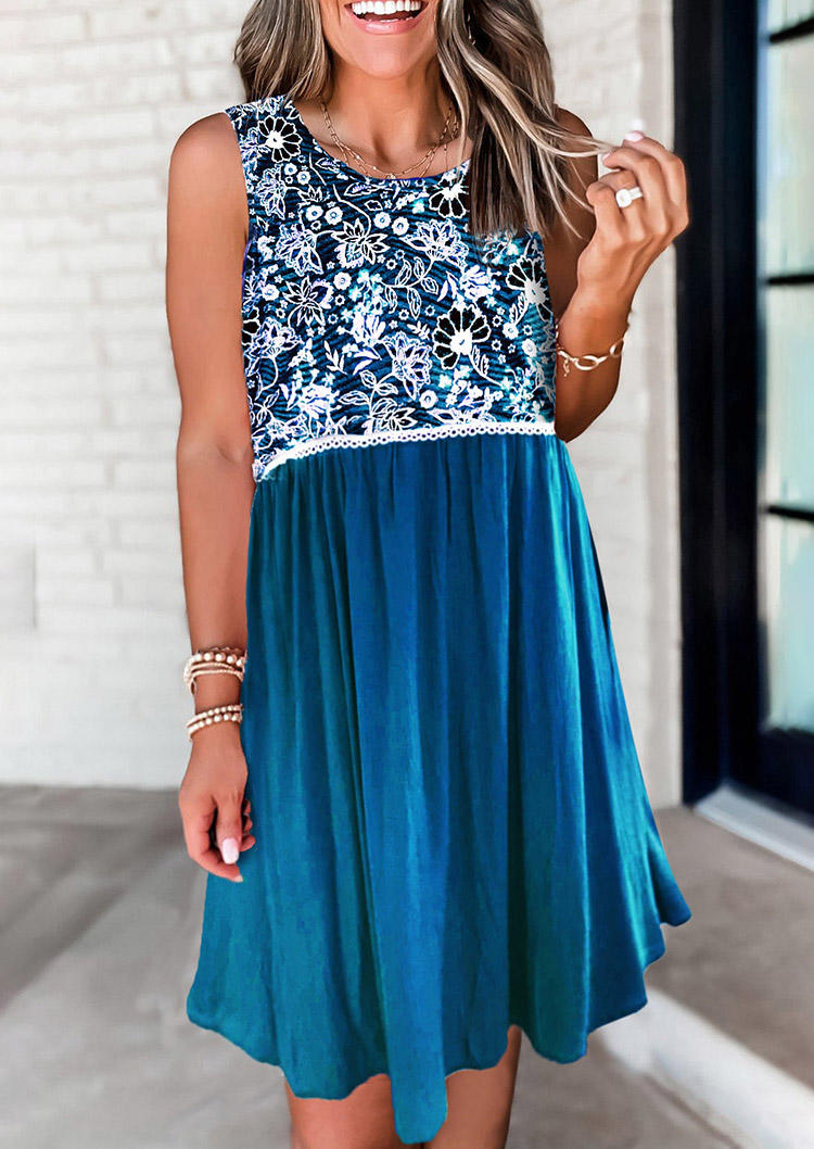 Ditsy Floral Sleeveless O-Neck Mini Dress - Blue