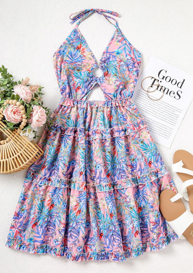 

Mini Dresses Floral Ruffled Open Back Halter Mini Dress in Multicolor. Size: L