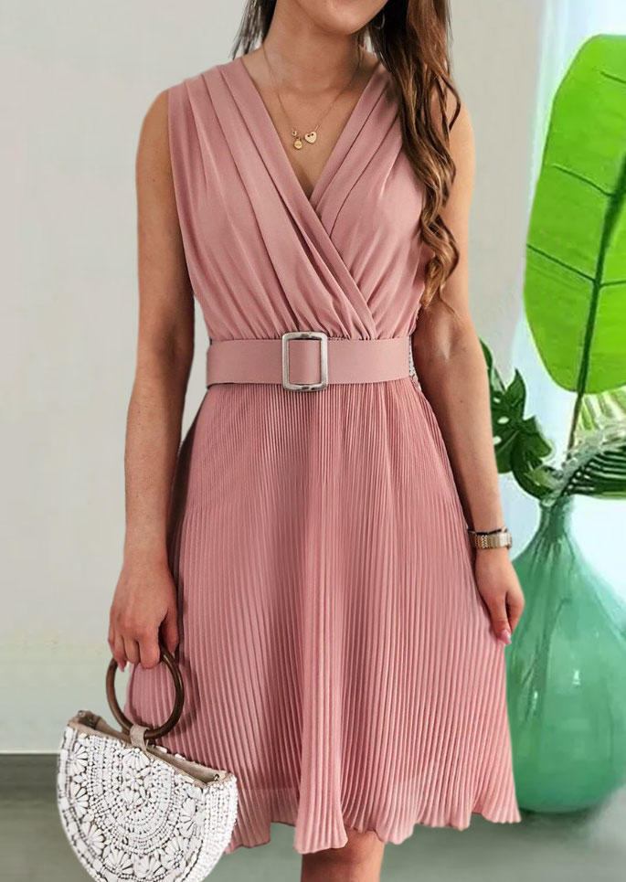 Ruched Pleated Chiffon Mini Dress With Belt - Pink