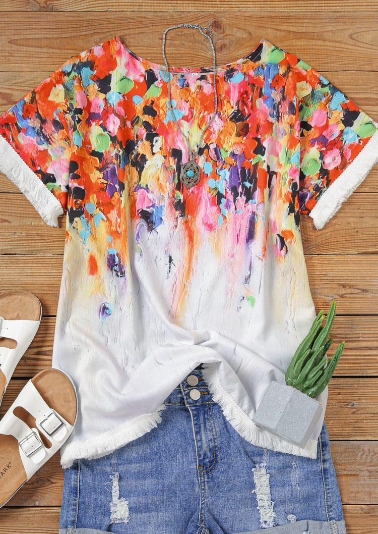 

Blouses Oil Painting Frayed Hem Blouse in Multicolor. Size