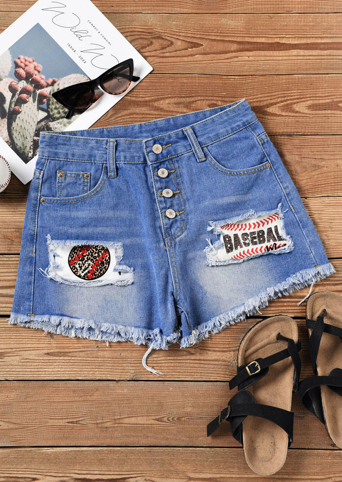 

Shorts Mom Baseball Leopard Pocket Button Denim Shorts in Blue. Size: L,M,,XL