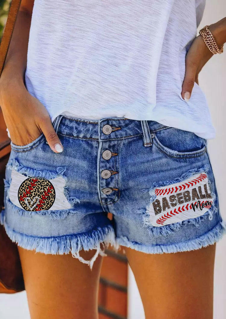 Mom Baseball Leopard Pocket Button Denim Shorts - Blue