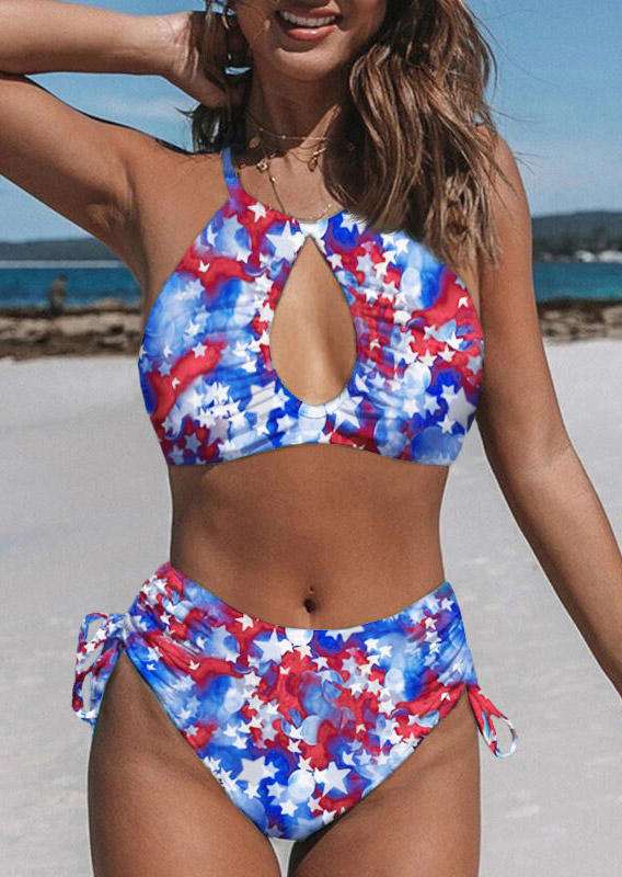 Star Halter Drawstring Open Back Bikini Set