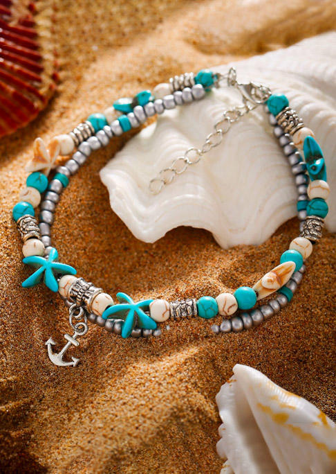 

Body Jewelry Bohemian Turquoise Anchor Starfish Dual-Layered Anklet in Multicolor. Size