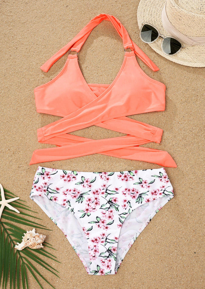

Bikini Sets Ditsy Floral Criss-Cross Tie Halter Bikini Set in Pink. Size: L,M,,XL