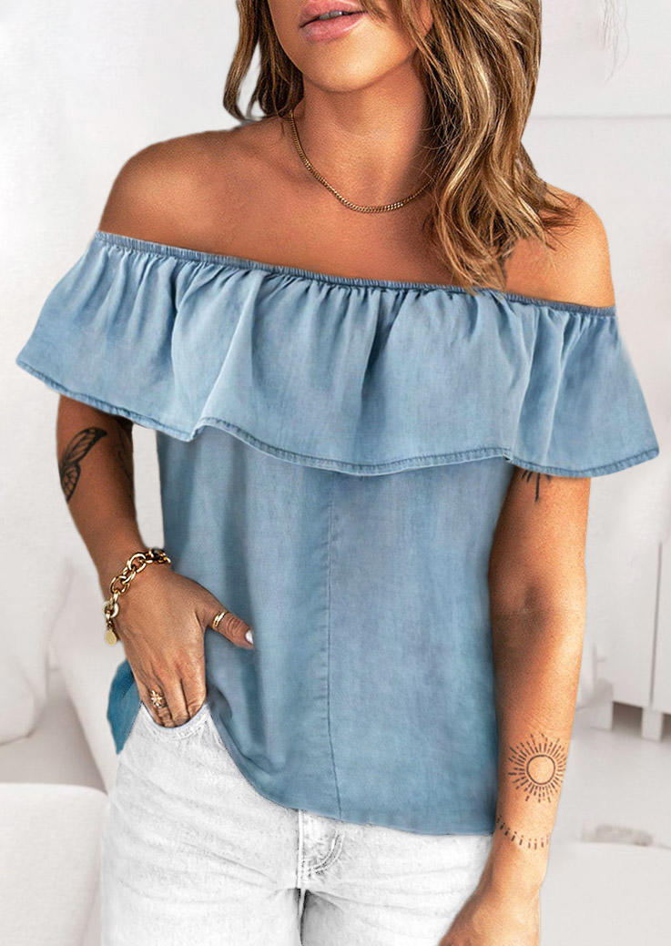 

Blouses Ruffled Off Shoulder Casual Blouse in Blue. Size: L,M,,XL