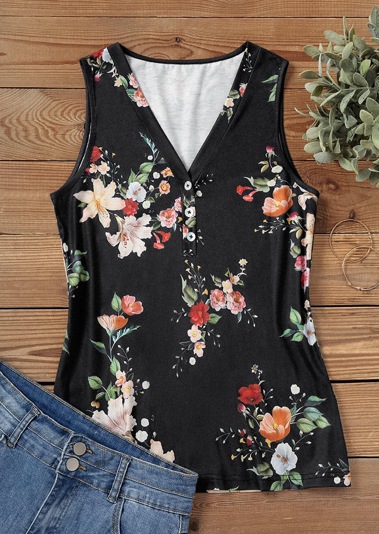

Tank Tops Floral Button V-Neck Tank Top in Black. Size: L