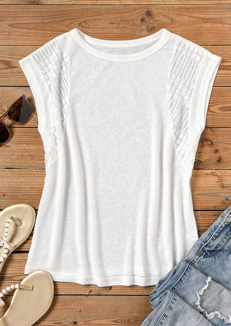 

Tank Tops Lace Splicing O-Neck Tank Top in White. Size: L,M,,XL