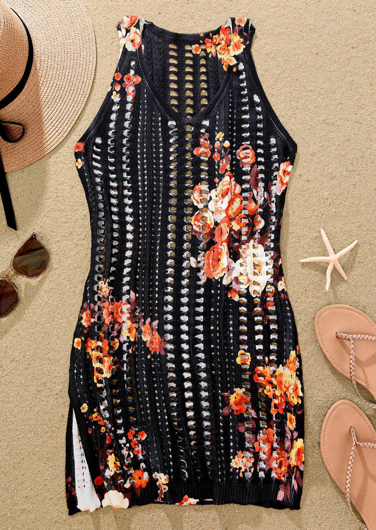 

Cover Ups Floral Hollow Out Slit Crochet Cover Up Dress in Black. Size